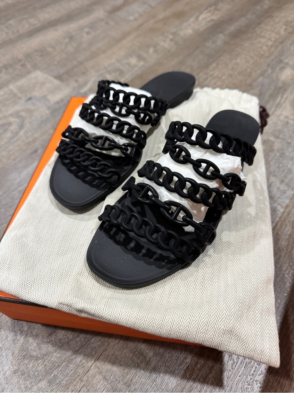 Hermes Black Multi-Chain Slide Sandals SOLD
